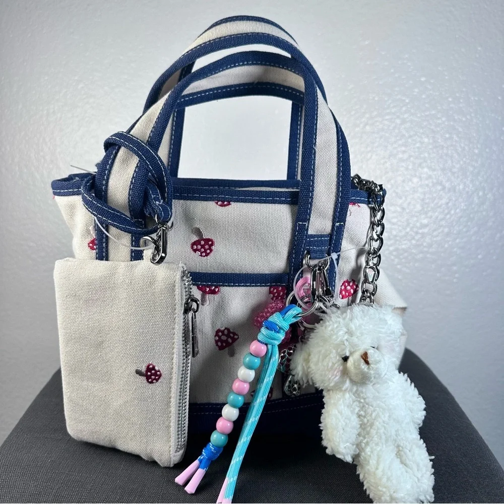 Madden Girl Mini Tote Mushroom Navy Blue Teddy Bear Jeweled Keychains - Picture 2 of 7